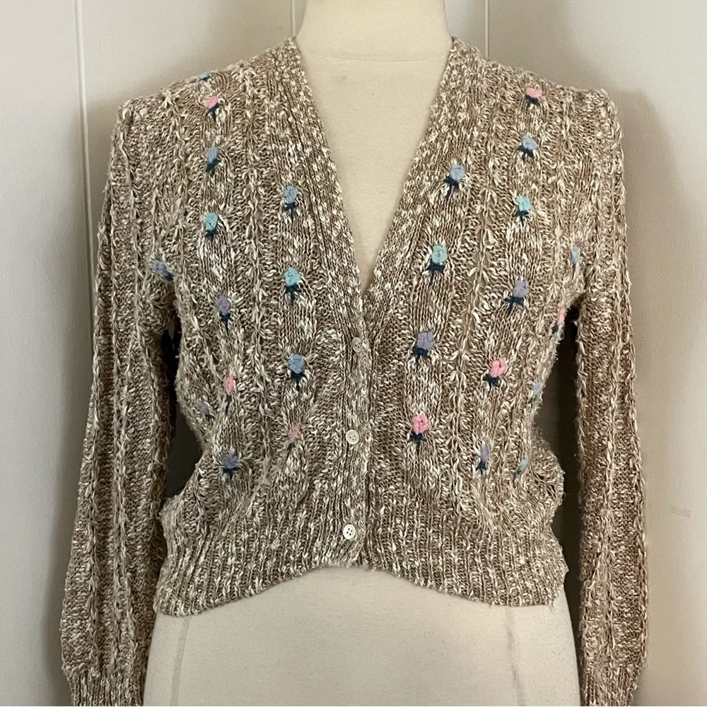 Vintage Knit Cardigan Sweater Women’s XL Floral V-Neck‎ Long Sleeve Linen Cotton - Picture 2 of 8